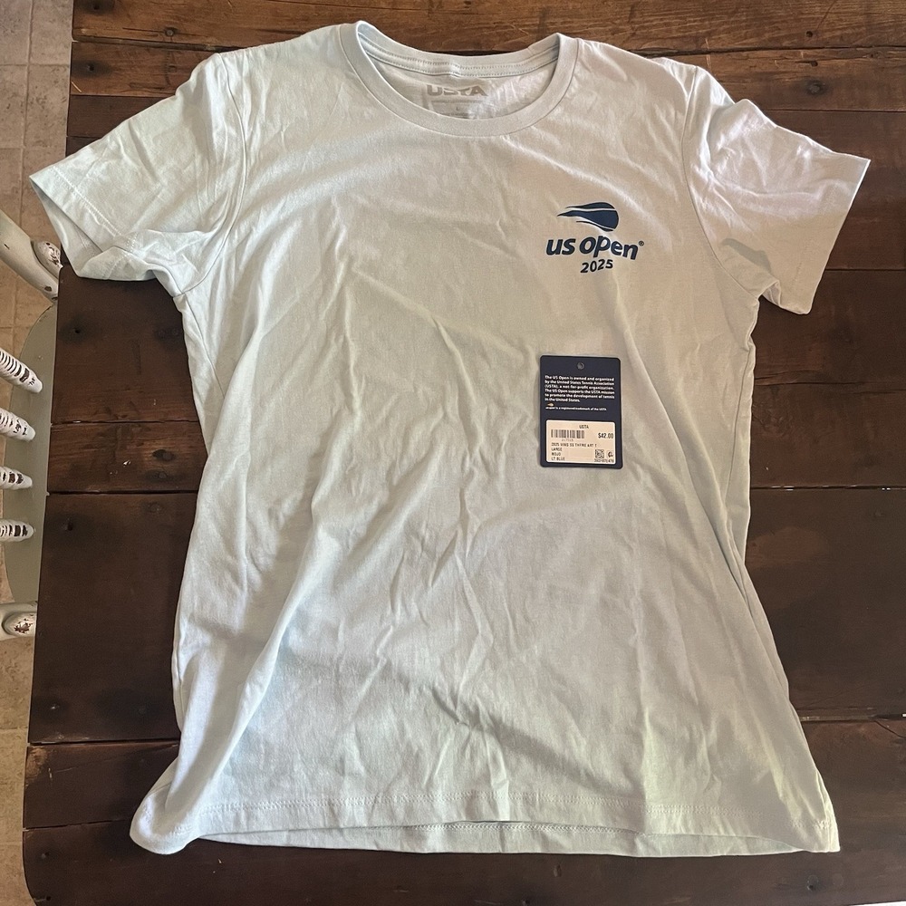 Women's Large US Open Short Sleeve Shirt Tennis Light Blue Graphics USTA NWT